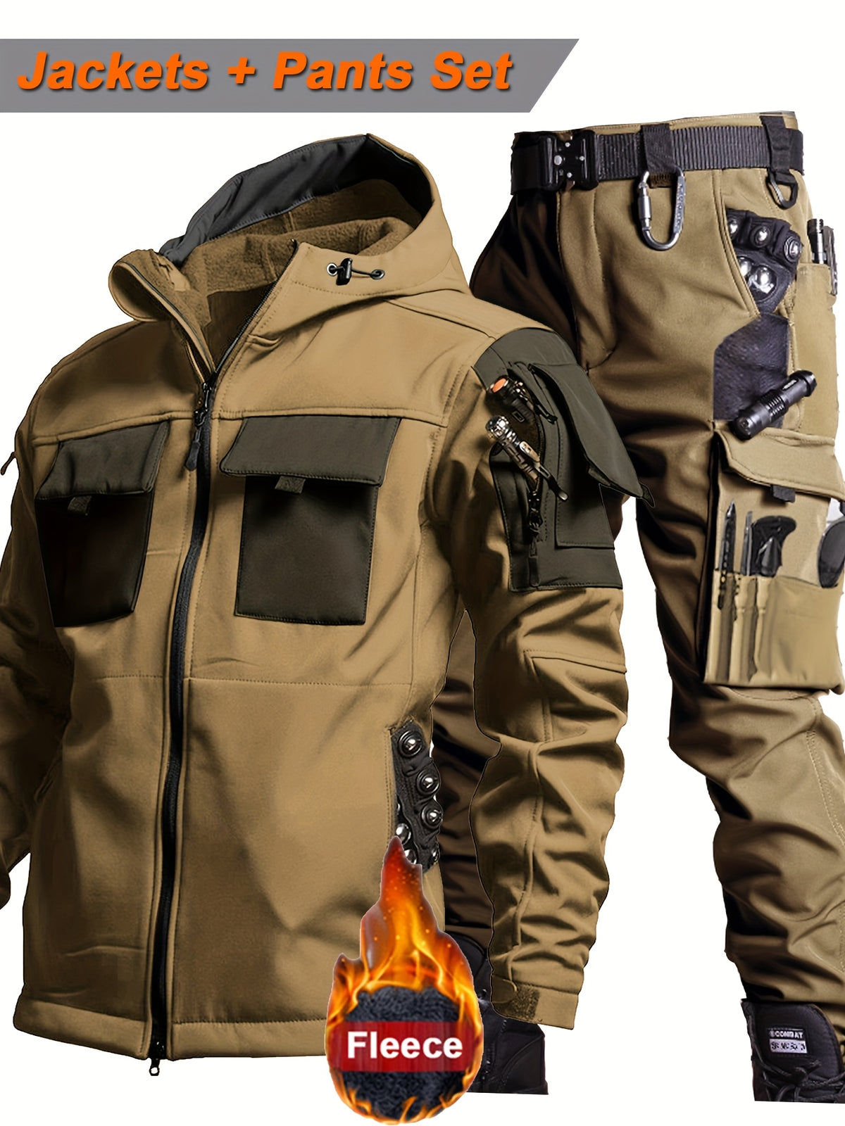 Men'S Tactical Thickened 2pcs Outdoor Casual Softshell Jacket And Cargo Pants Set, Fall Winter Fleece Contrast Hooded Windproof Warm Workwear Multi-Pocket Top And Bottom, Hunting Riding Hiking Exploration Climbing Outfit Without Additions