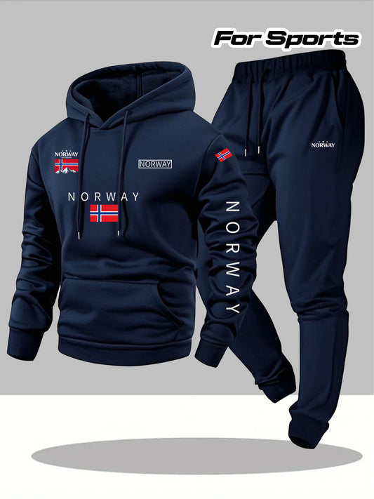 Men'S 2pcs Hoodie And Sweatpants Set Cartoon NORWAY Letter Drawstring Pocket Hoodie And Sports Drawstring Trousers Matching Set 2pcs