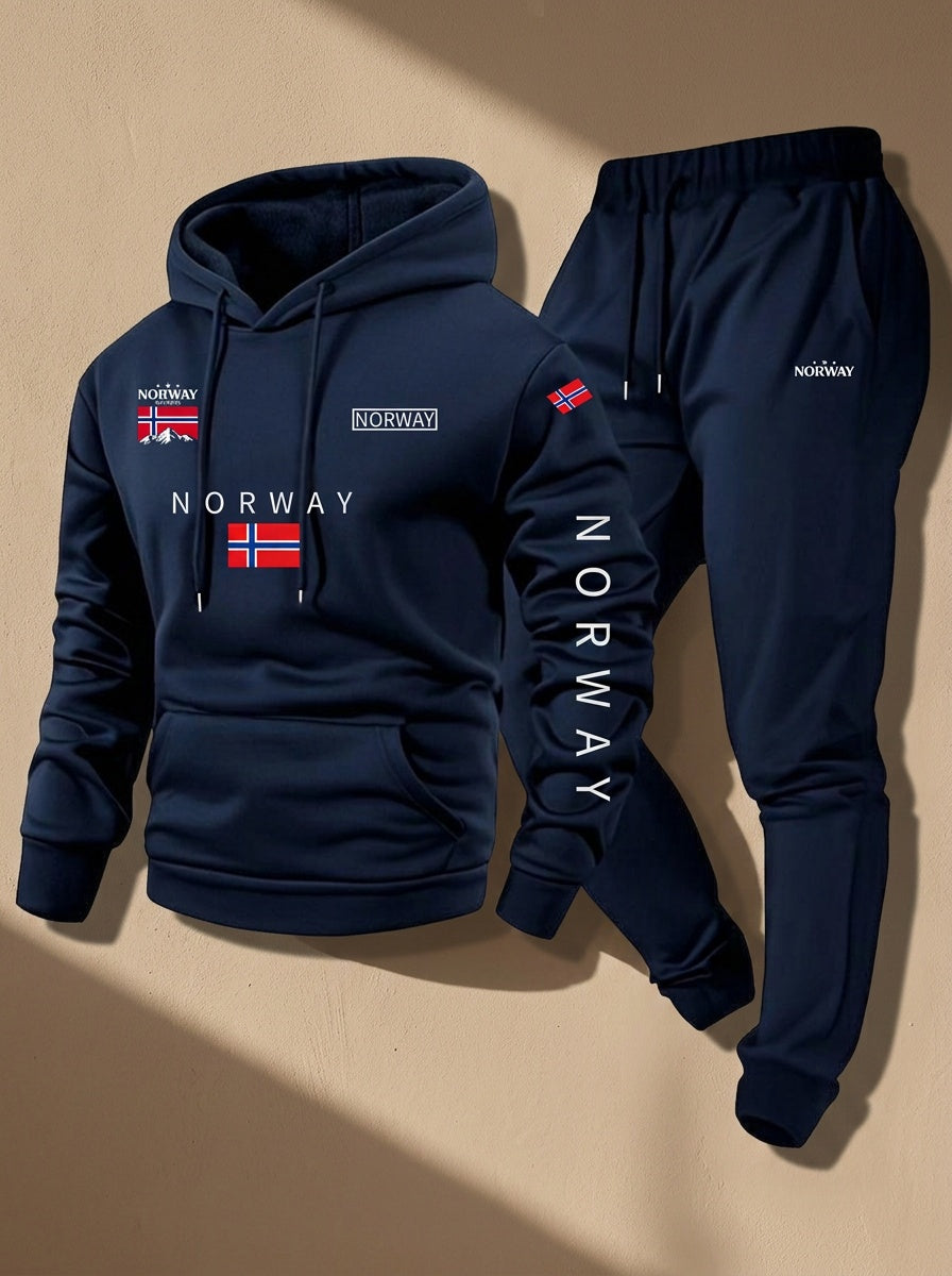 Men'S 2pcs Hoodie And Sweatpants Set Cartoon NORWAY Letter Drawstring Pocket Hoodie And Sports Drawstring Trousers Matching Set 2pcs