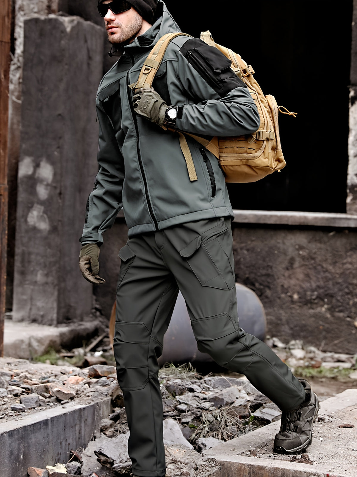Autumn and Winter Men's Fleece-Lined Two-Piece Set, Jacket with Hooded Warm Contrast Workwear Pants, Color-Block Design, All Season, Sporty Style, Outdoor Activity, Long Sleeve, Pocket Design