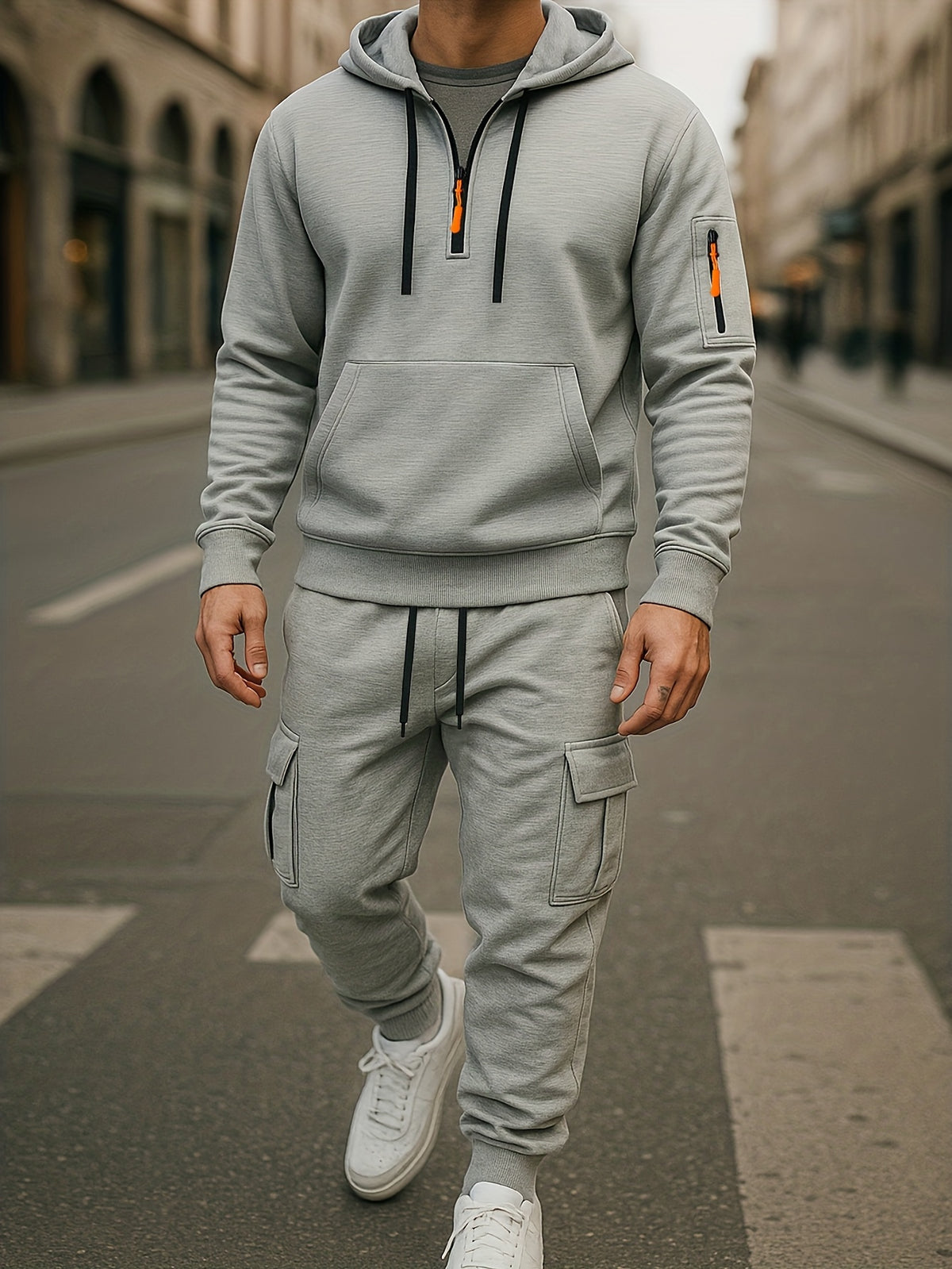 2pcs Men's Autumn Winter Set/Western Style Outdoor Half-Zip Sweatshirt/Cargo Pocket Long Pants