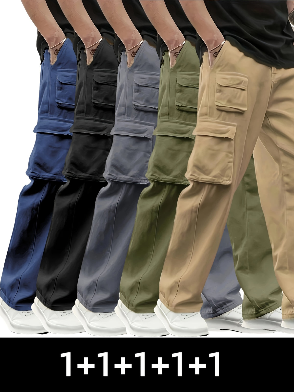 Set of 5, Men'S Multi-Pocket Work Cargo Pants, Solid Color Lightweight Casual Joggers, Suitable for Everyday Wear And Leisure Activities, Autumn Essentials