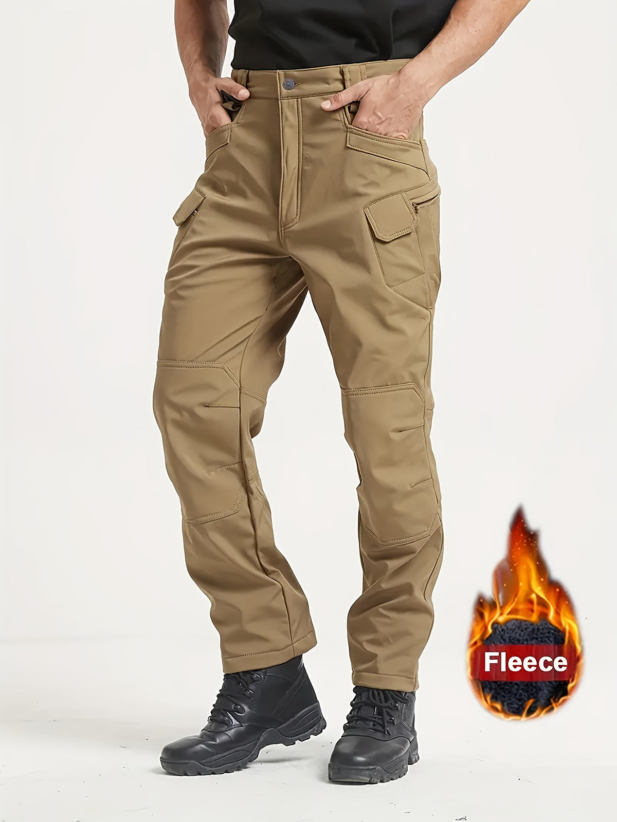 1PC Men's -Lined Warm Tactical Cargo Pants, Thick Winter Style, Multi-Pocket, Windproof Snowproof, Micro-Stretch Fabric, Suitable for Outdoor Hiking, Fishing, Casual Outings, No Belt, Autumn/Winter Essentials