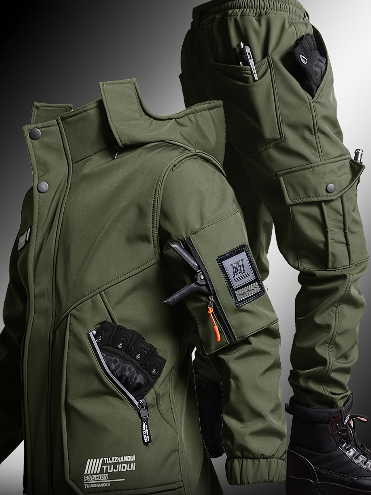 Men'S Thick Fleece Winter Warm Set, Workwear Casual Jacket with Hooded Zipper, Multi-Pocket Jacket, Casual Autumn And Winter Men'S Jacket, Long Pants, Fleece Set, Warm Outdoor Hiking, Wear-Resistant, Hunting