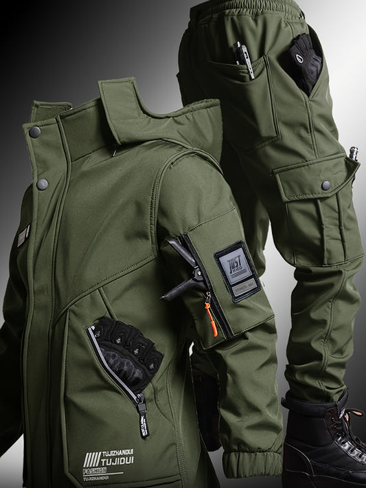 Men'S Thick Fleece Winter Warm Set, Workwear Casual Jacket with Hooded Zipper, Multi-Pocket Jacket, Casual Autumn And Winter Men'S Jacket, Long Pants, Fleece Set, Warm Outdoor Hiking, Wear-Resistant, Hunting