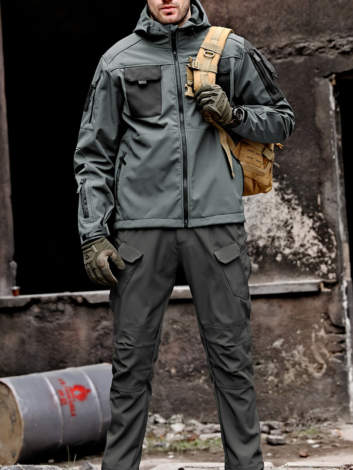 Autumn and Winter Men's Fleece-Lined Two-Piece Set, Jacket with Hooded Warm Contrast Workwear Pants, Color-Block Design, All Season, Sporty Style, Outdoor Activity, Long Sleeve, Pocket Design