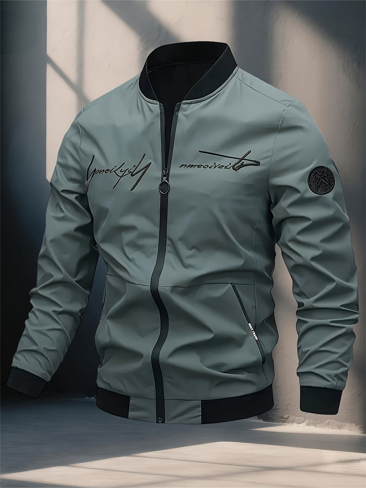 Windproof Jacket: Men's Pilot Jacket with Letter Embroidery and Full Zip Closure, Suitable for Outdoor Sports, Hiking, and Urban Commuting - Machine Washable, Polyester Fiber, Casual, Fashionable, and Versatile Black Jacket, a Must-Have for Stylish