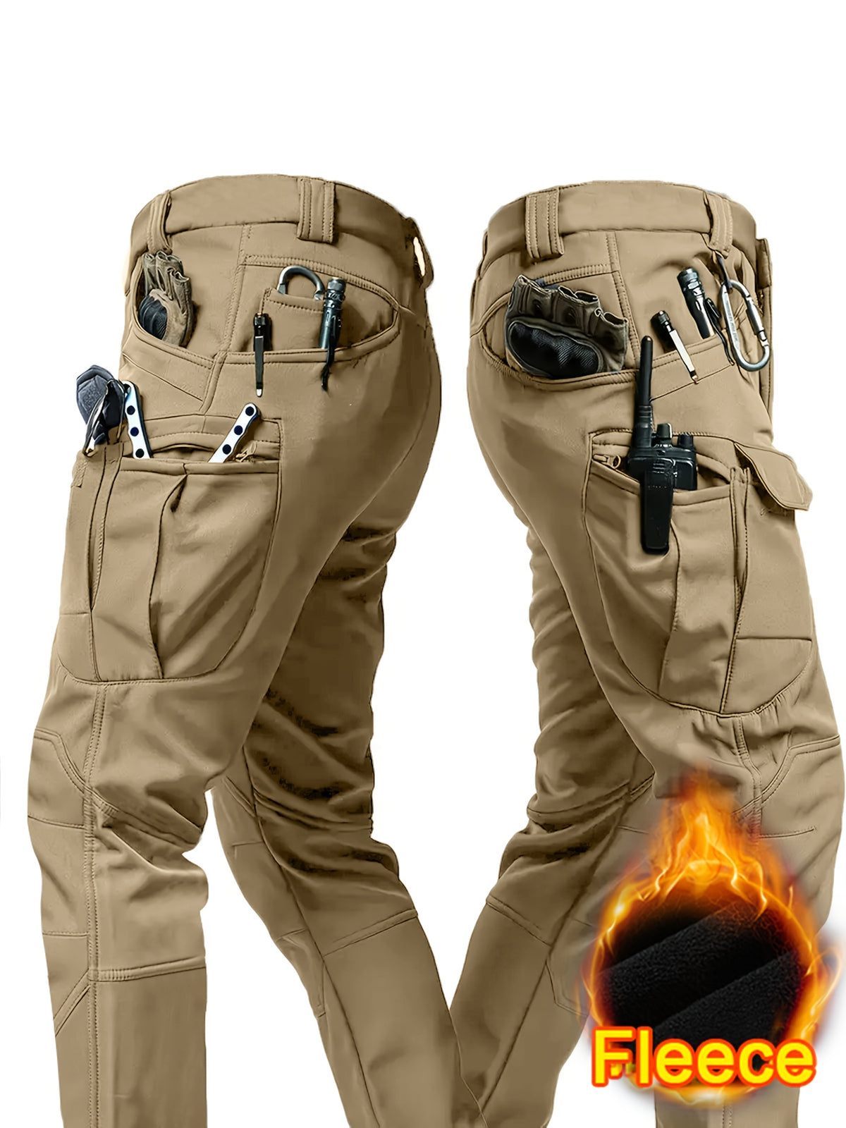 1PC Men's -Lined Warm Tactical Cargo Pants, Thick Winter Style, Multi-Pocket, Windproof Snowproof, Micro-Stretch Fabric, Suitable for Outdoor Hiking, Fishing, Casual Outings, No Belt, Autumn/Winter Essentials