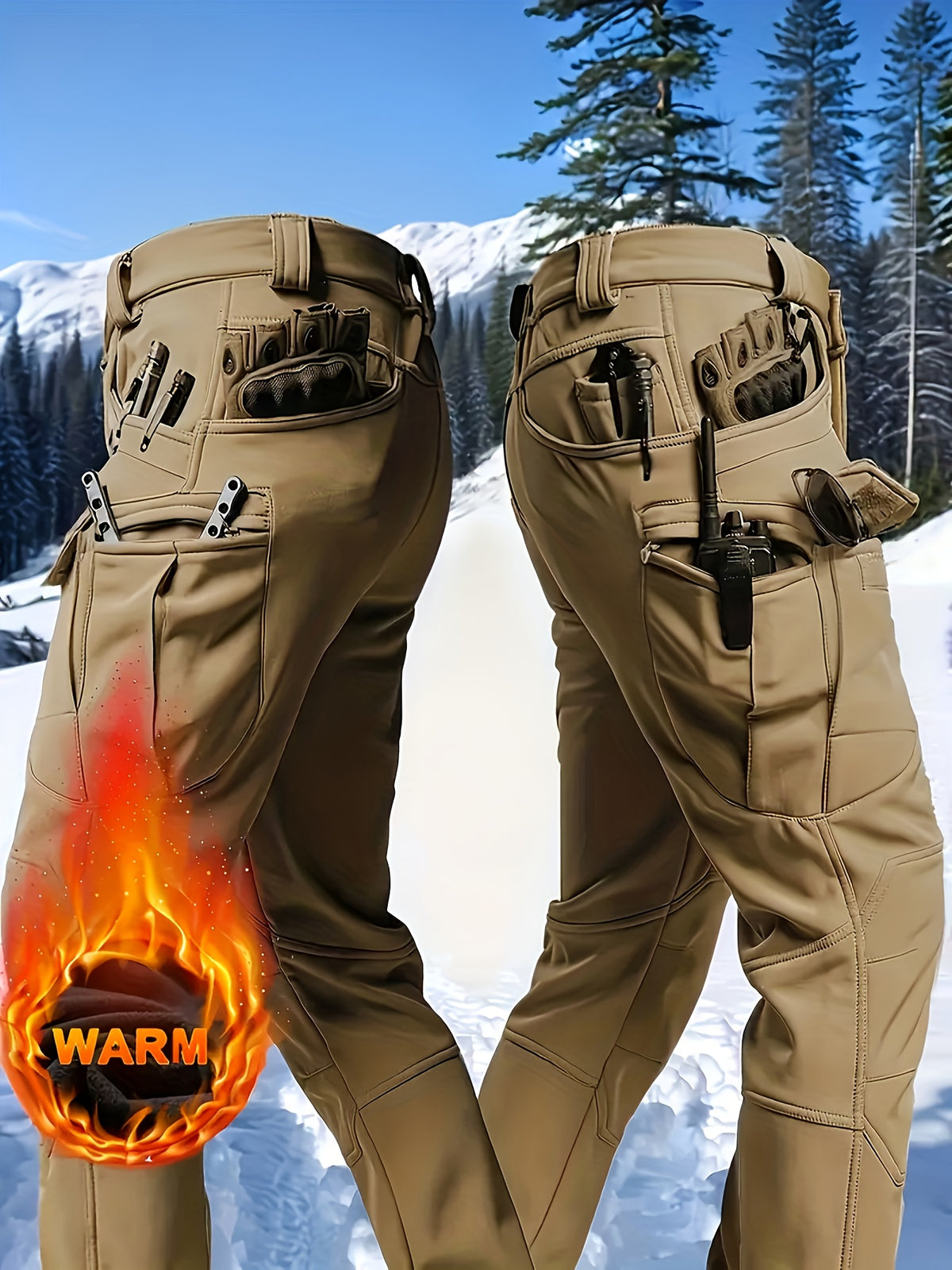 1PC Men's -Lined Warm Tactical Cargo Pants, Thick Winter Style, Multi-Pocket, Windproof Snowproof, Micro-Stretch Fabric, Suitable for Outdoor Hiking, Fishing, Casual Outings, No Belt, Autumn/Winter Essentials
