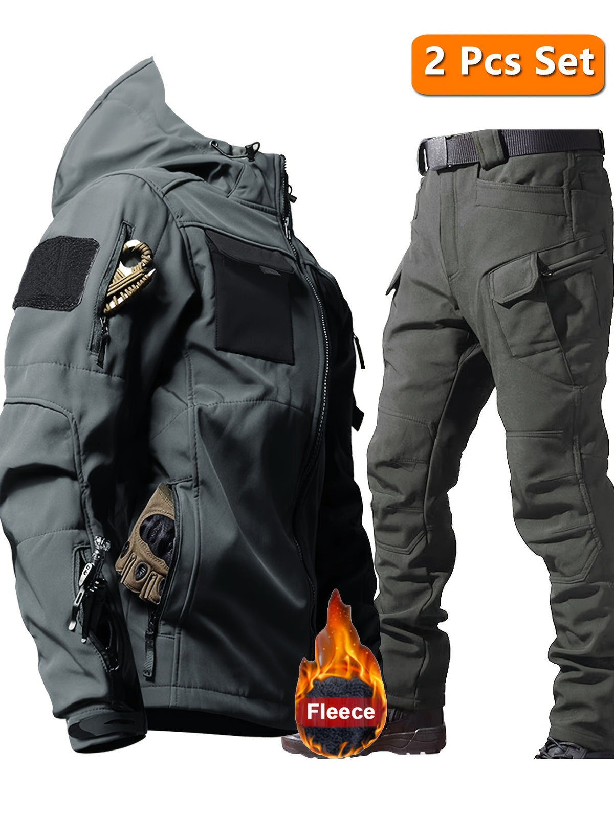 Autumn and Winter Men's Fleece-Lined Two-Piece Set, Jacket with Hooded Warm Contrast Workwear Pants, Color-Block Design, All Season, Sporty Style, Outdoor Activity, Long Sleeve, Pocket Design