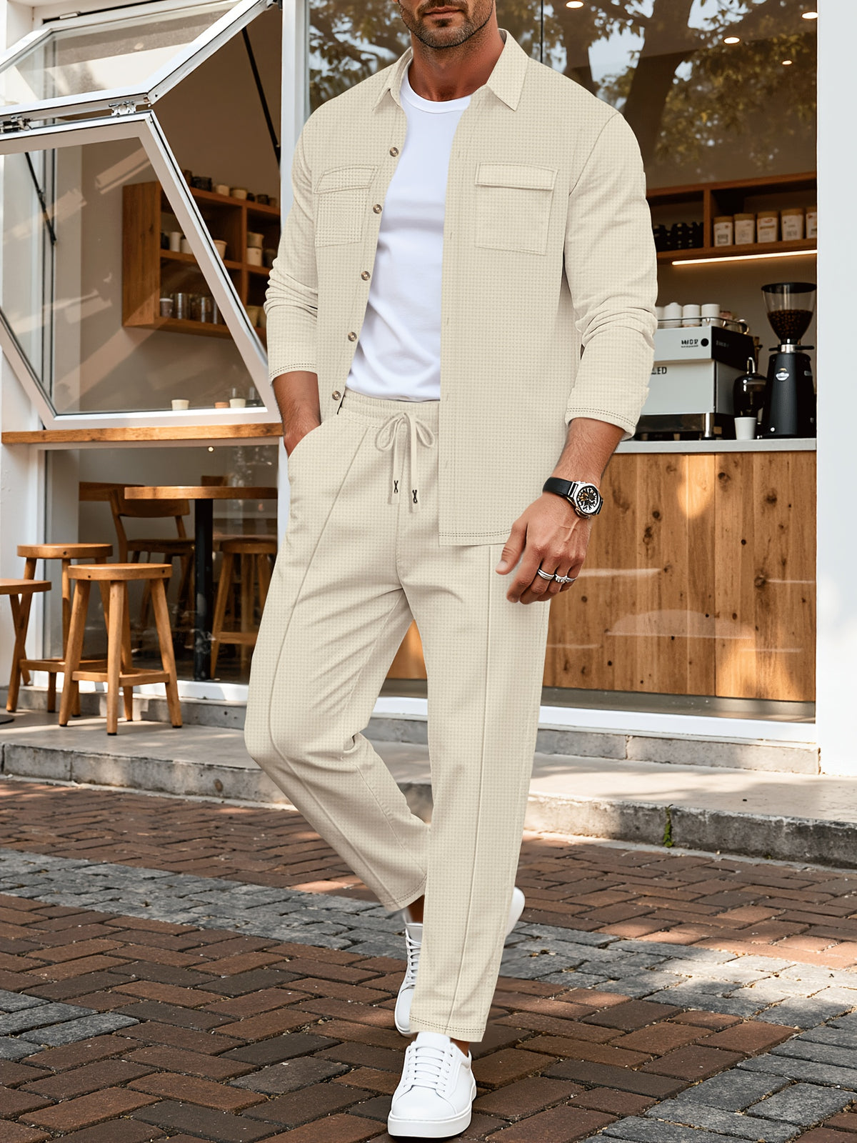 Spring And Autumn Men's Long Sleeved Pants with A Sense Of Luxury And Retro Temperament Featuring Lapel Pockets And Button Long Sleeved Jackets And Versatile Casual Pants Men's 2pcs Clothing Set