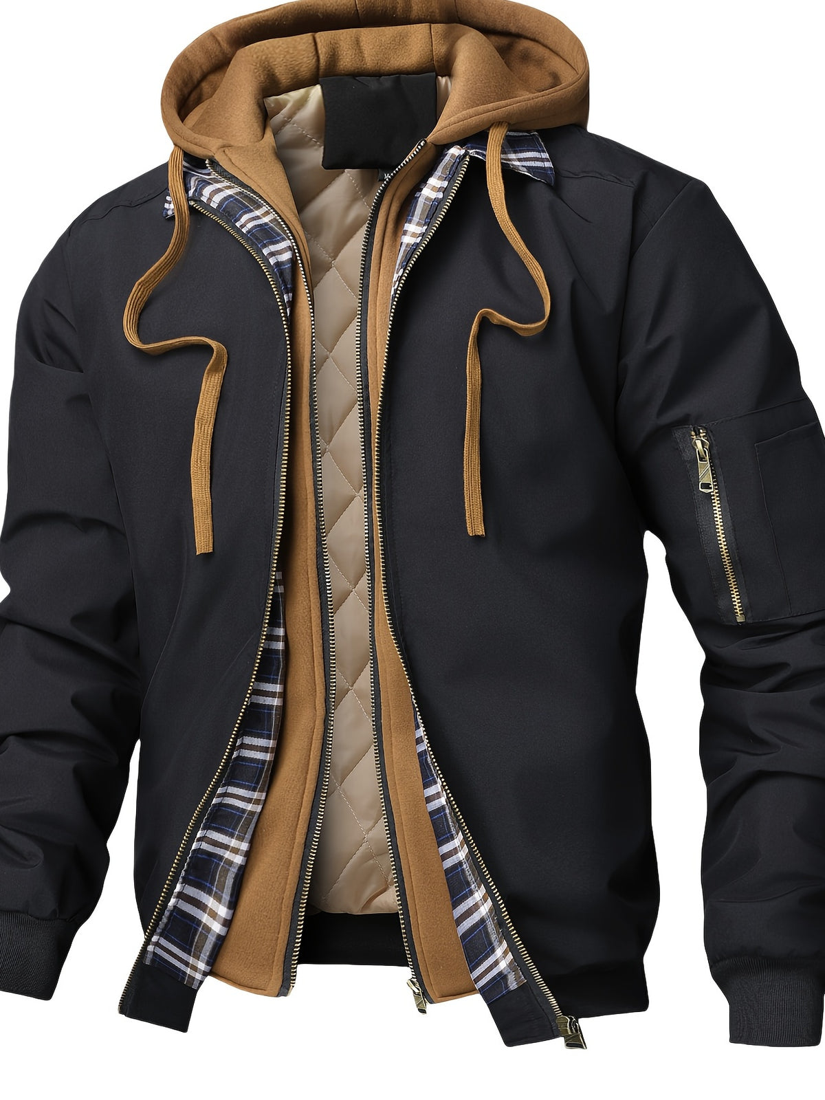 [Preppy Plaid Jacket] Casual Preppy Men's Plaid Hooded Cardigan Jacket | Spring Autumn Outerwear Sports Fashion