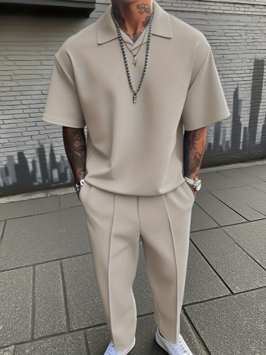 Summer New Men'S Casual Suit 2pcs Set Short Sleeve Long Pants Suit Lapel Solid Color, Minimalist Drape Fabric Daily/Business Co-Ord Set