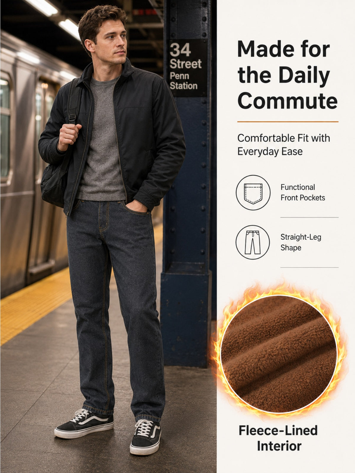 3 Colors Available, Shipped Men'S Winter Fleece Lined Jeans, Warm Thermal Stretch Denim Trousers, Classic Regular Fit Straight Leg Pants with Pockets for Cold Weather, Casual Work, Outdoor Walking, Commuting, Travel, And Daily Wear