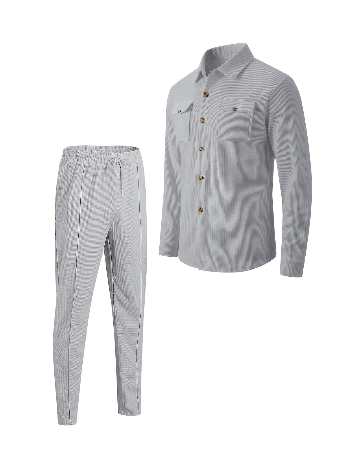 New Men's Four Seasons Waffle Casual Set / Outdoor Versatile High Fashion / Button-Open Shirt with Collar, Chest Double Pocket Top / Long Sleeve Coat, Long Pants Set / Two-Piece Set