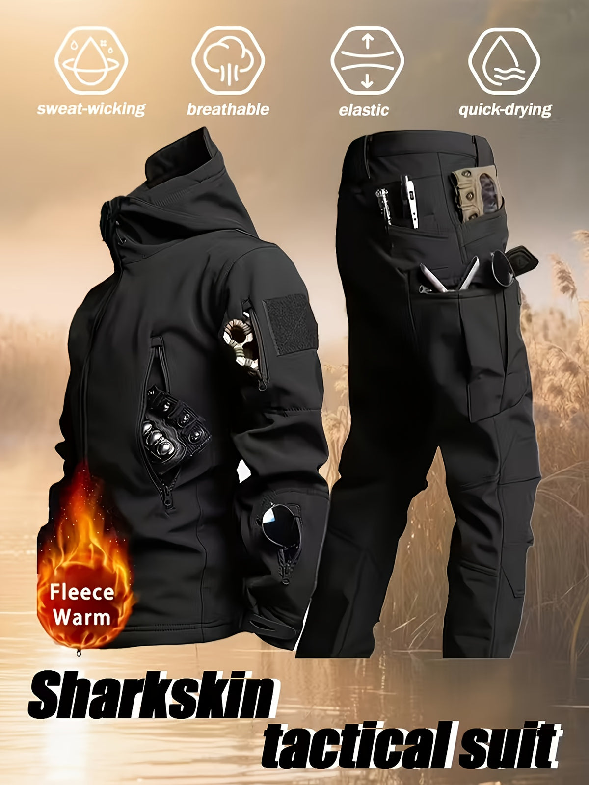 Men's Winter Softshell Jacket and Fleece-Lined Tactical Cargo Pants Set, Windproof, Tear-Resistant, Hooded, Long Sleeve, Zipper, Multi-Pocket, for Hiking and Hunting, Skiing, Fishing, Snowy Weather, Outdoor Sports, Casual Wear, Training