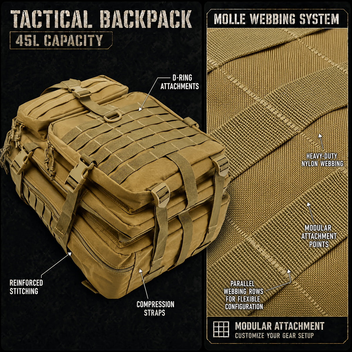 11.89gal Tactical Backpack 900D Modular MOLLE Rucksack with Multi Pockets And 17" Laptop Compartment, Expandable 3-Day Pack for Hiking Camping Traveling Daypack, Birthday Anniversary Gift for Husband Dad