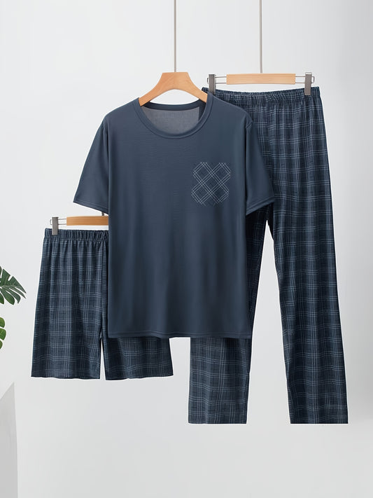 Men's Lightweight 3pcs Pajama Set, Short-Sleeve Top + Shorts/Pants Optional, Plaid Pajama Set for Spring, Summer, and Autumn