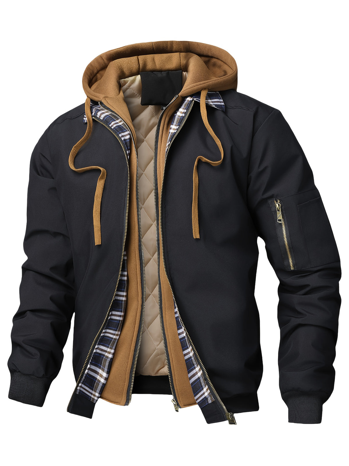 [Preppy Plaid Jacket] Casual Preppy Men's Plaid Hooded Cardigan Jacket | Spring Autumn Outerwear Sports Fashion