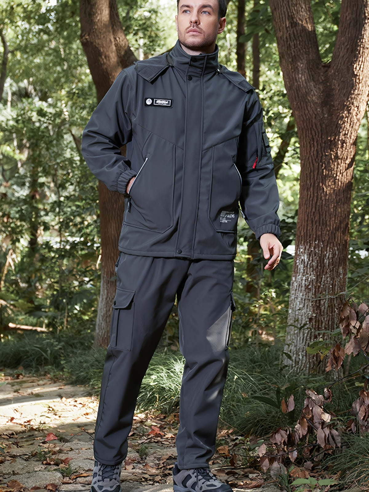 Men'S Thick Fleece Winter Warm Set, Workwear Casual Jacket with Hooded Zipper, Multi-Pocket Jacket, Casual Autumn And Winter Men'S Jacket, Long Pants, Fleece Set, Warm Outdoor Hiking, Wear-Resistant