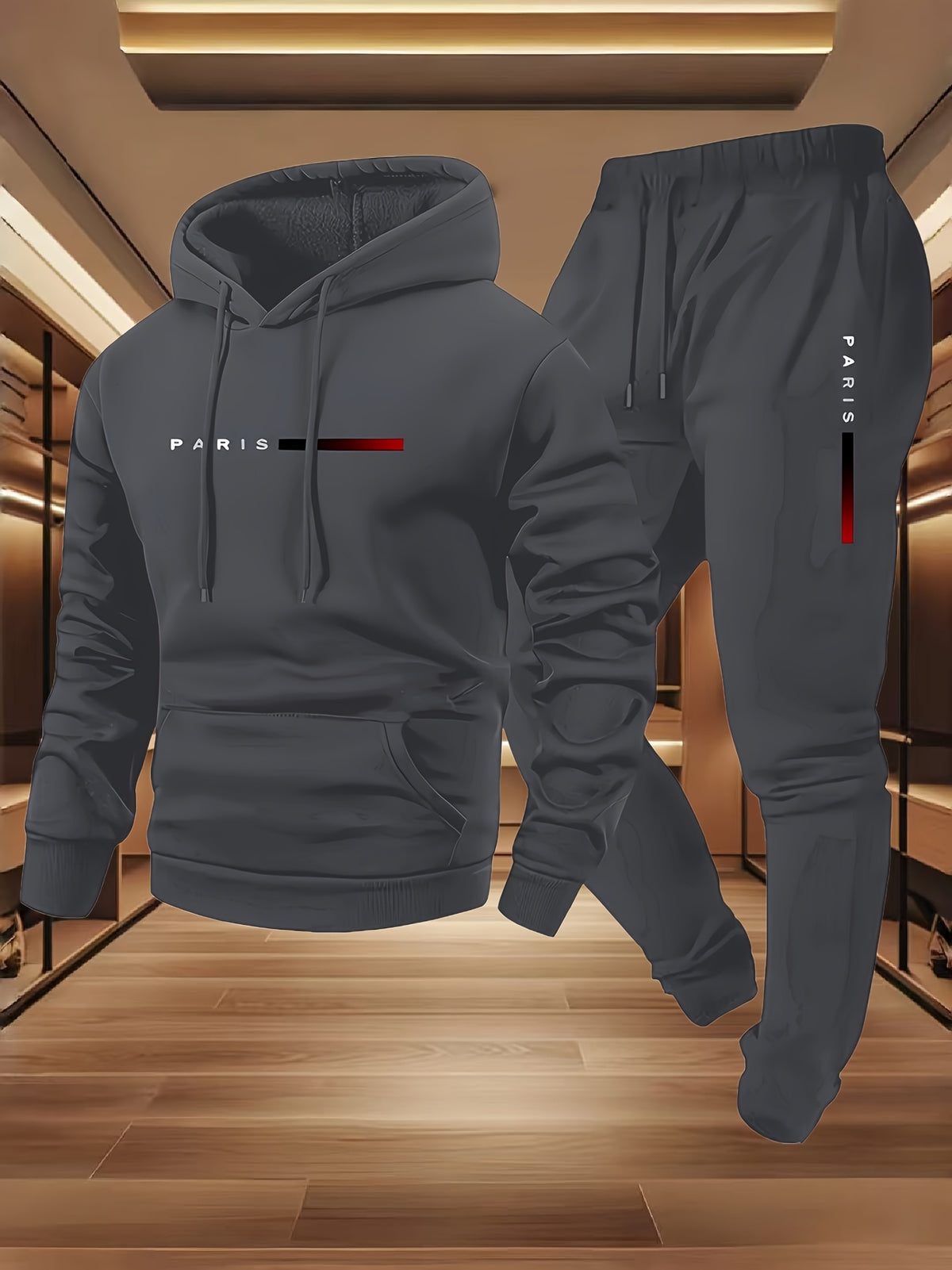 Halloween Men'S Paris Letter Print Hoodie And Drawstring Tracksuit Set Essential Fall And Winter Outfit Daily Outdoor Wear High-Quality Digital Print, Highly Elastic Fabric, Valentine'S Day Gift