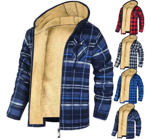 Men's Plaid Print Hooded Zip-Up Jacket Winter Thickened Cotton-padded Coat Warm Clothing