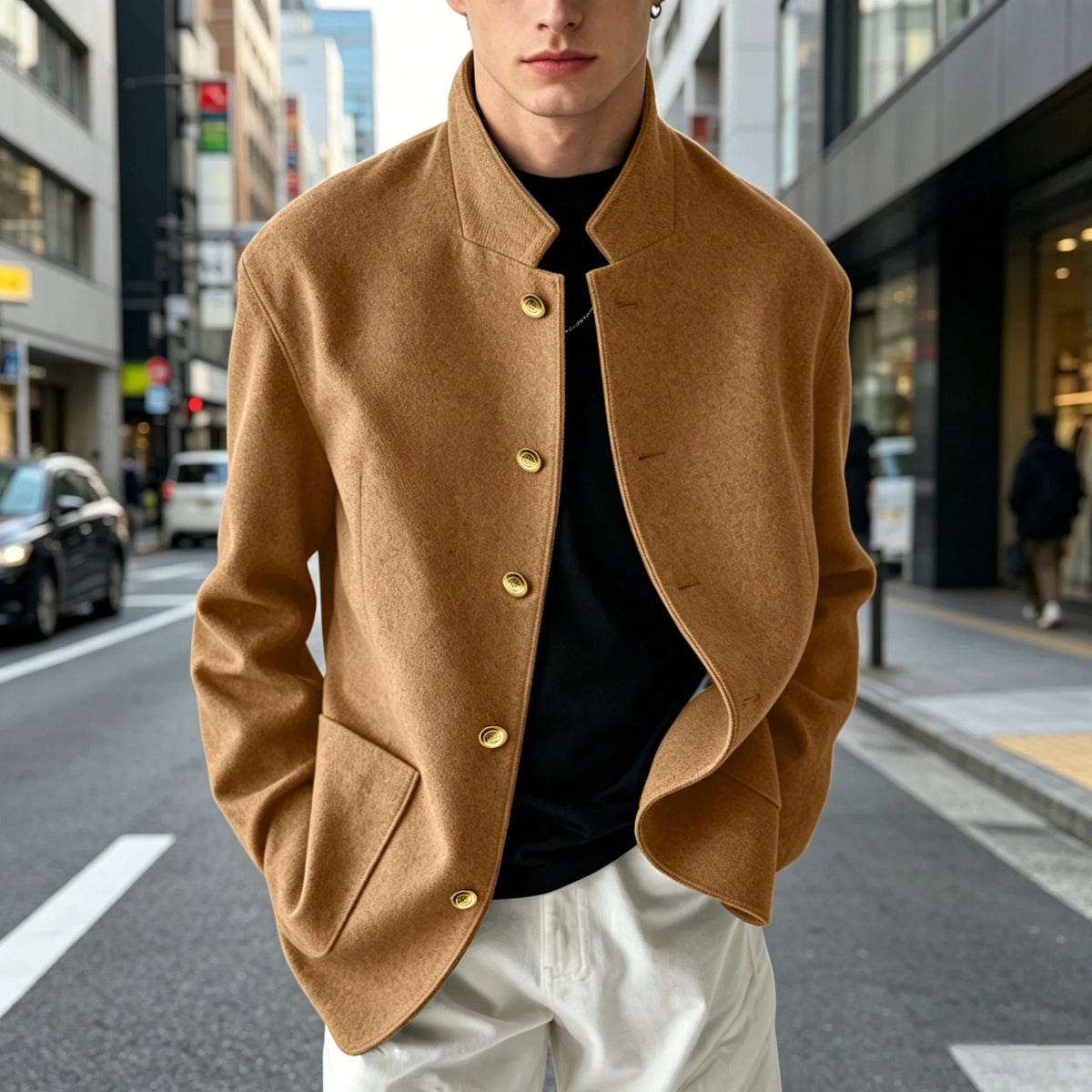 Vintage Men's Stand Collar Jacket Wool Blend Casual Coat Warm Autumn Winter Business Blazer Plus Size Streetwear Outerwear
