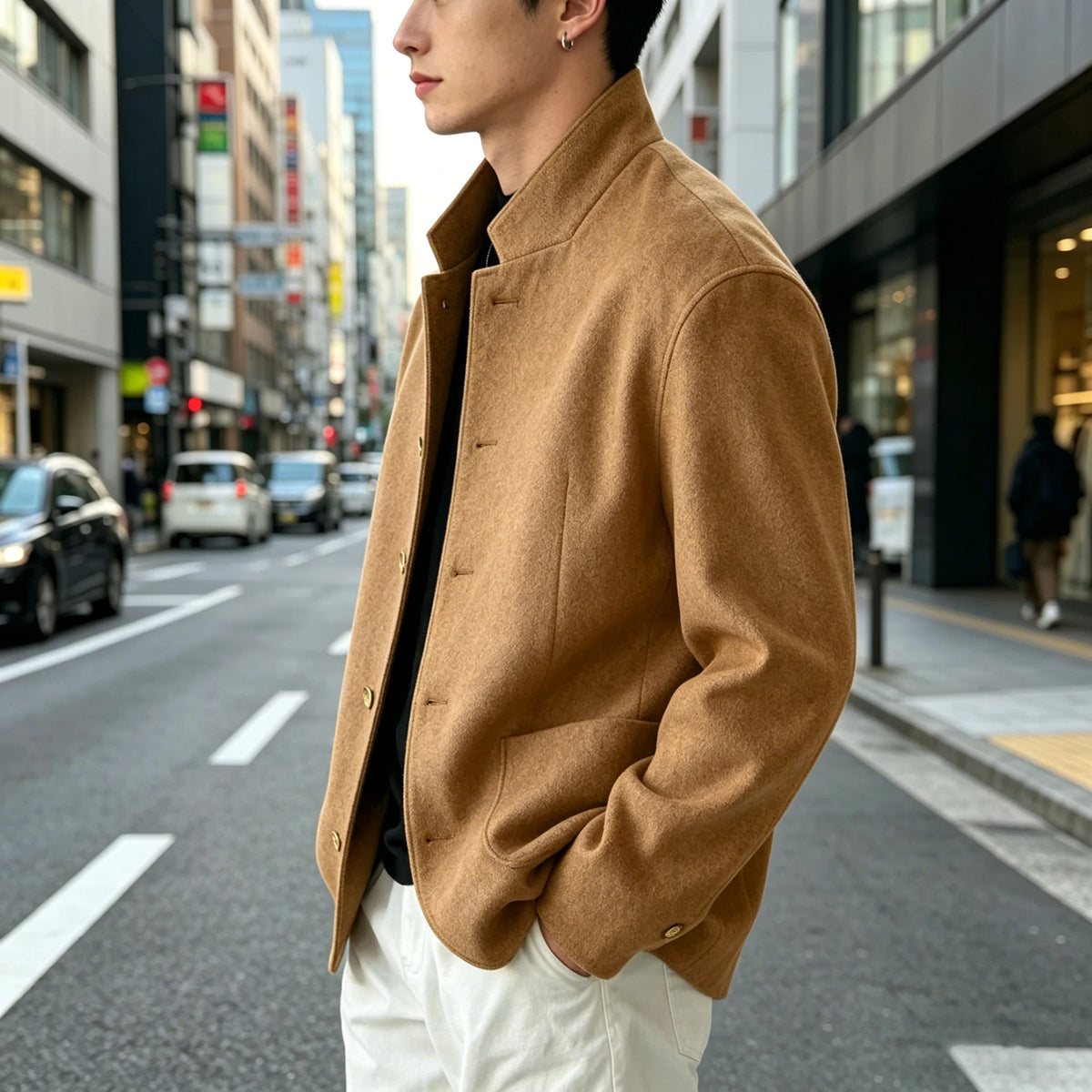Vintage Men's Stand Collar Jacket Wool Blend Casual Coat Warm Autumn Winter Business Blazer Plus Size Streetwear Outerwear