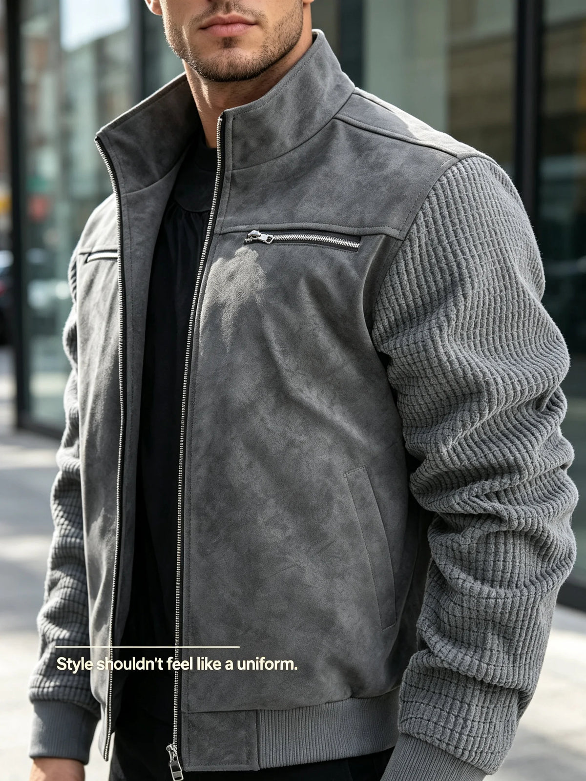 Men's Retro Suede Splice Jacket Stand Collar Zip Up Long Sleeve Multi-pocket Warm Outerwear Vintage Streetwear Men's Clothing