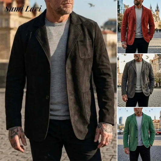 Fashionable Autumn Winter Lapel Suede Texture Jacket Solid Color Long Sleeve Blazer Daily Street Matching Outerwear For Men