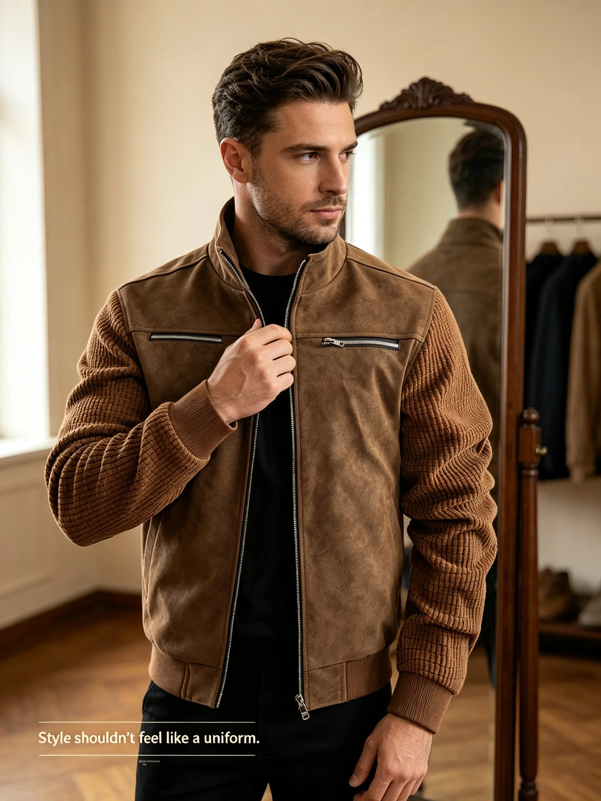 Men's Retro Suede Splice Jacket Stand Collar Zip Up Long Sleeve Multi-pocket Warm Outerwear Vintage Streetwear Men's Clothing