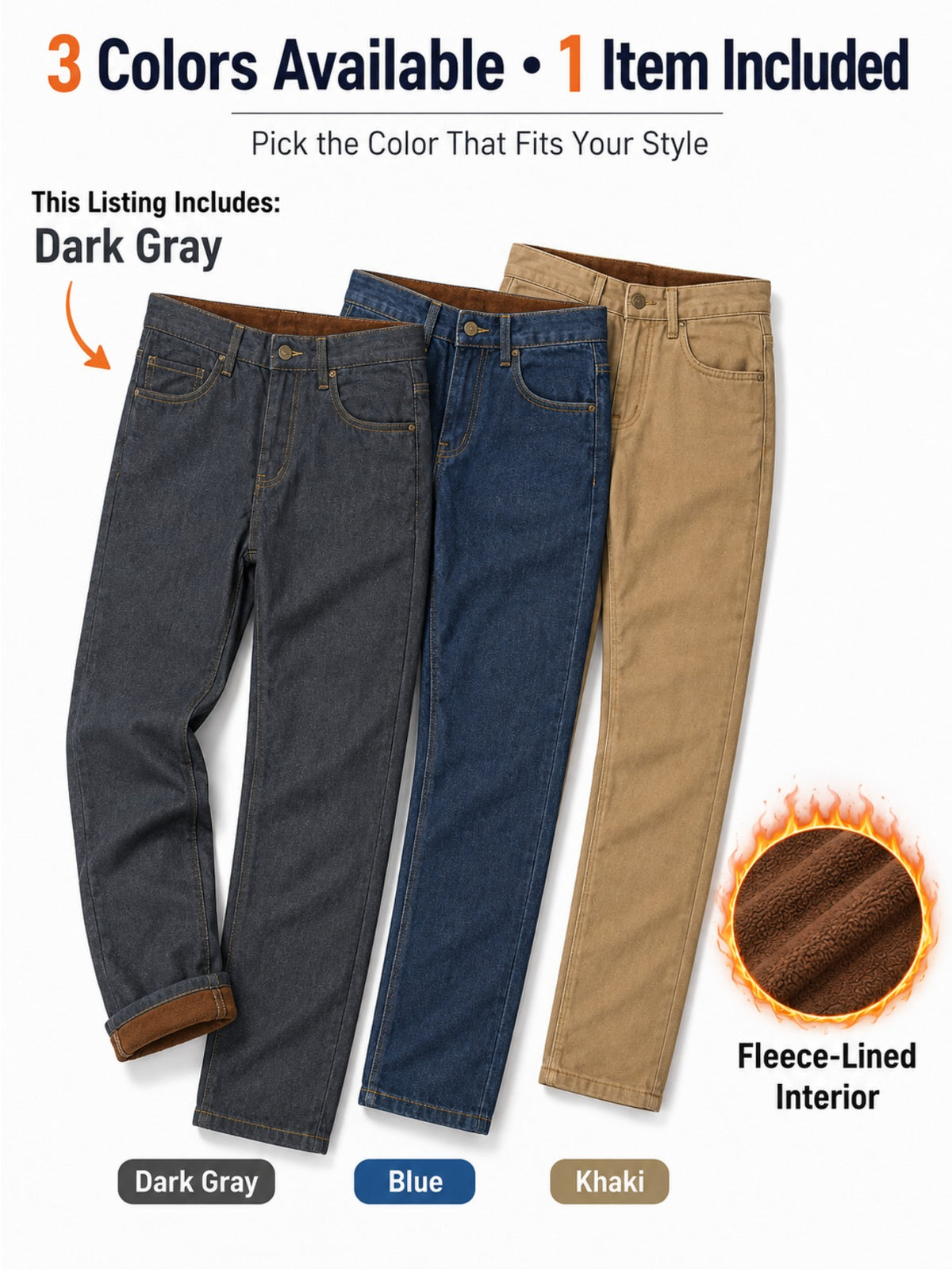 3 Colors Available, Shipped Men'S Winter Fleece Lined Jeans, Warm Thermal Stretch Denim Trousers, Classic Regular Fit Straight Leg Pants with Pockets for Cold Weather, Casual Work, Outdoor Walking, Commuting, Travel, And Daily Wear