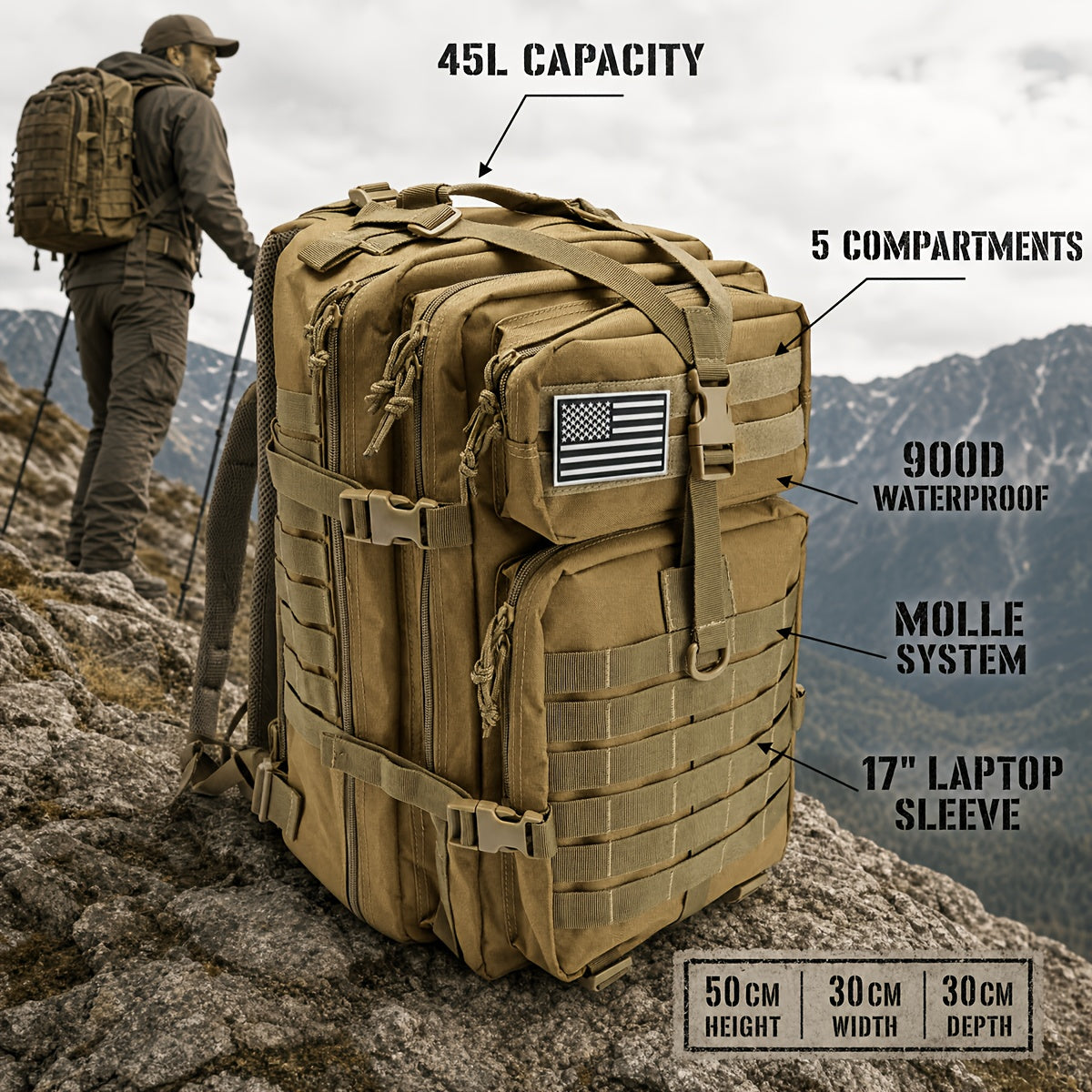 11.89gal Tactical Backpack 900D Modular MOLLE Rucksack with Multi Pockets And 17" Laptop Compartment, Expandable 3-Day Pack for Hiking Camping Traveling Daypack, Birthday Anniversary Gift for Husband Dad