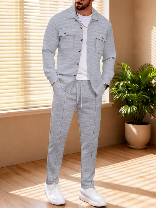 New Men's Four Seasons Waffle Casual Set / Outdoor Versatile High Fashion / Button-Open Shirt with Collar, Chest Double Pocket Top / Long Sleeve Coat, Long Pants Set / Two-Piece Set