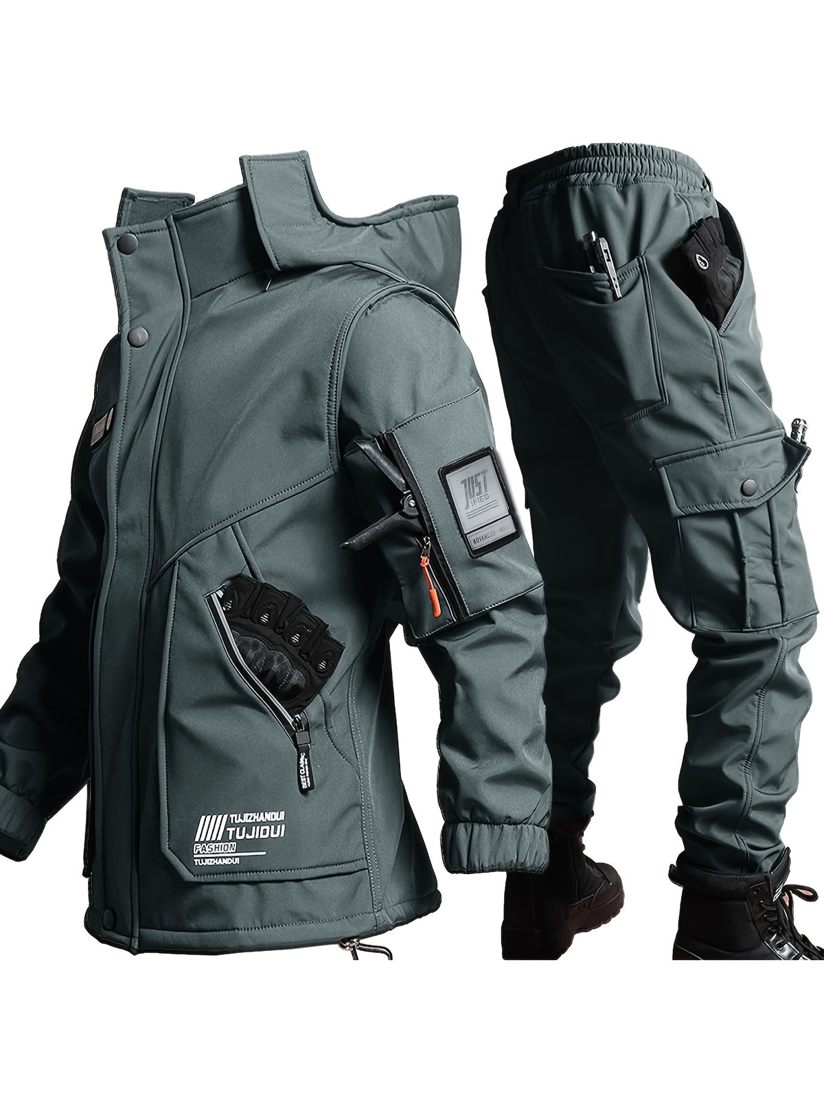 Men'S Thick Fleece Winter Warm Set, Workwear Casual Jacket with Hooded Zipper, Multi-Pocket Jacket, Casual Autumn And Winter Men'S Jacket, Long Pants, Fleece Set, Warm Outdoor Hiking, Wear-Resistant