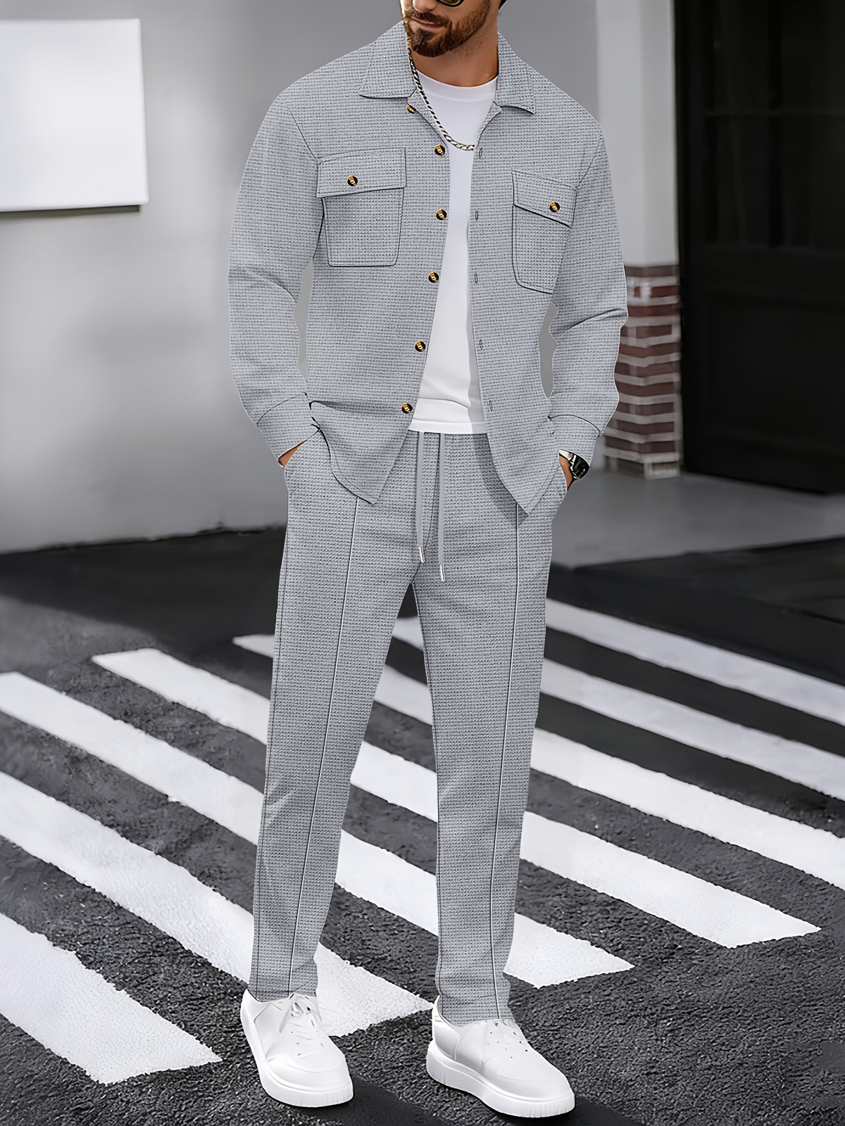 New Men's Four Seasons Waffle Casual Set / Outdoor Versatile High Fashion / Button-Open Shirt with Collar, Chest Double Pocket Top / Long Sleeve Coat, Long Pants Set / Two-Piece Set