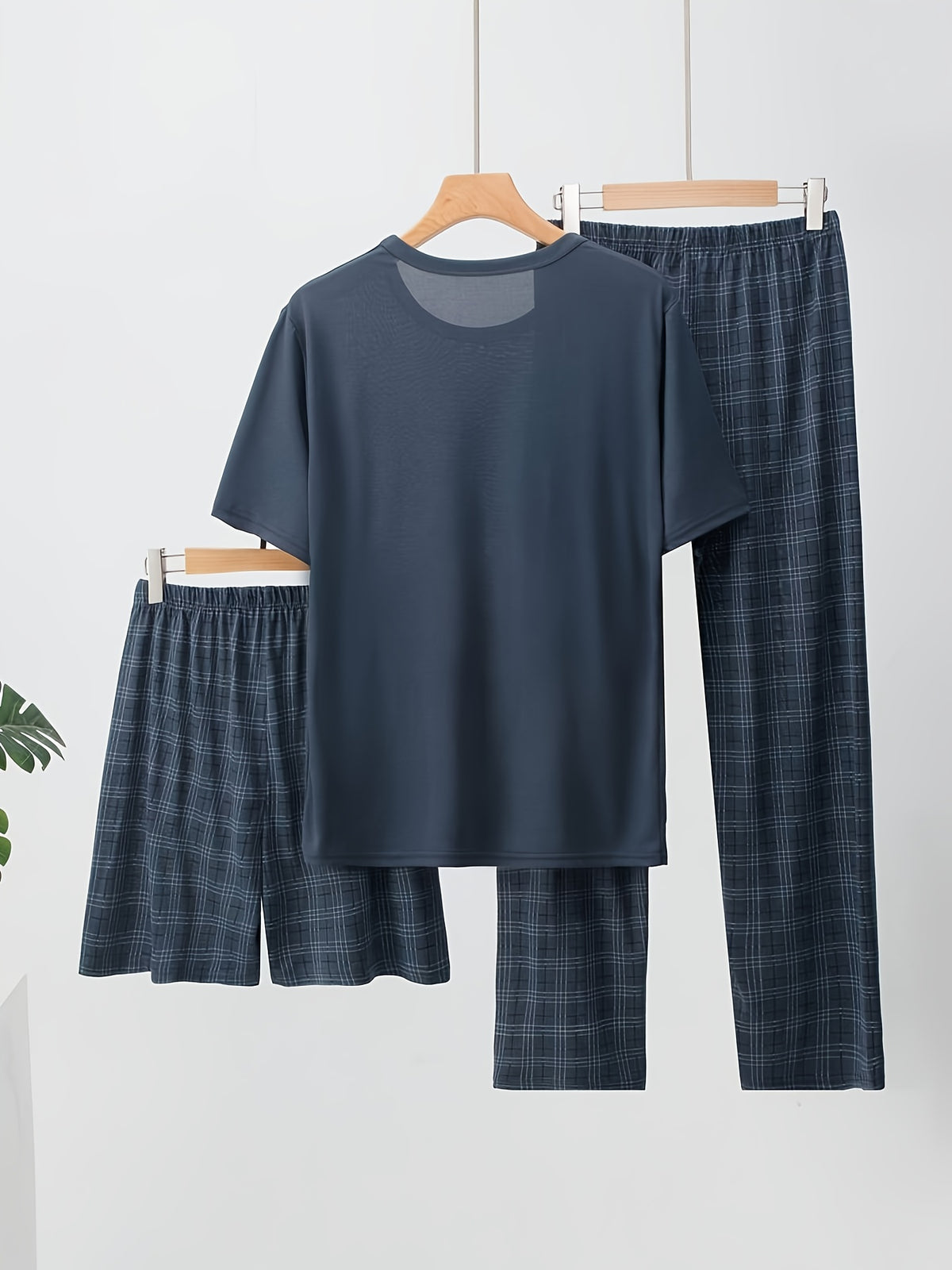 Men's Lightweight 3pcs Pajama Set, Short-Sleeve Top + Shorts/Pants Optional, Plaid Pajama Set for Spring, Summer, and Autumn