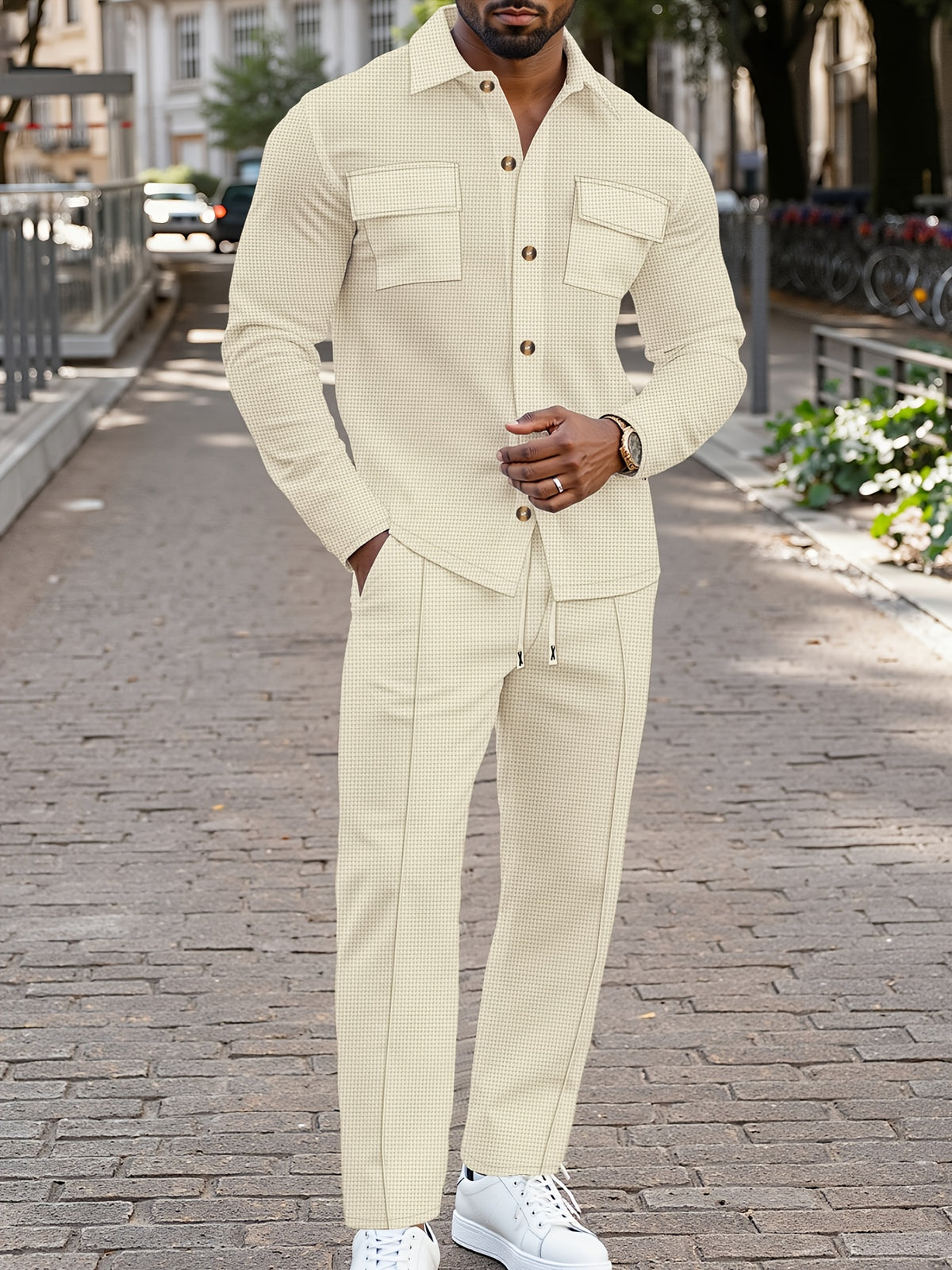 Spring And Autumn Men's Long Sleeved Pants with A Sense Of Luxury And Retro Temperament Featuring Lapel Pockets And Button Long Sleeved Jackets And Versatile Casual Pants Men's 2pcs Clothing Set