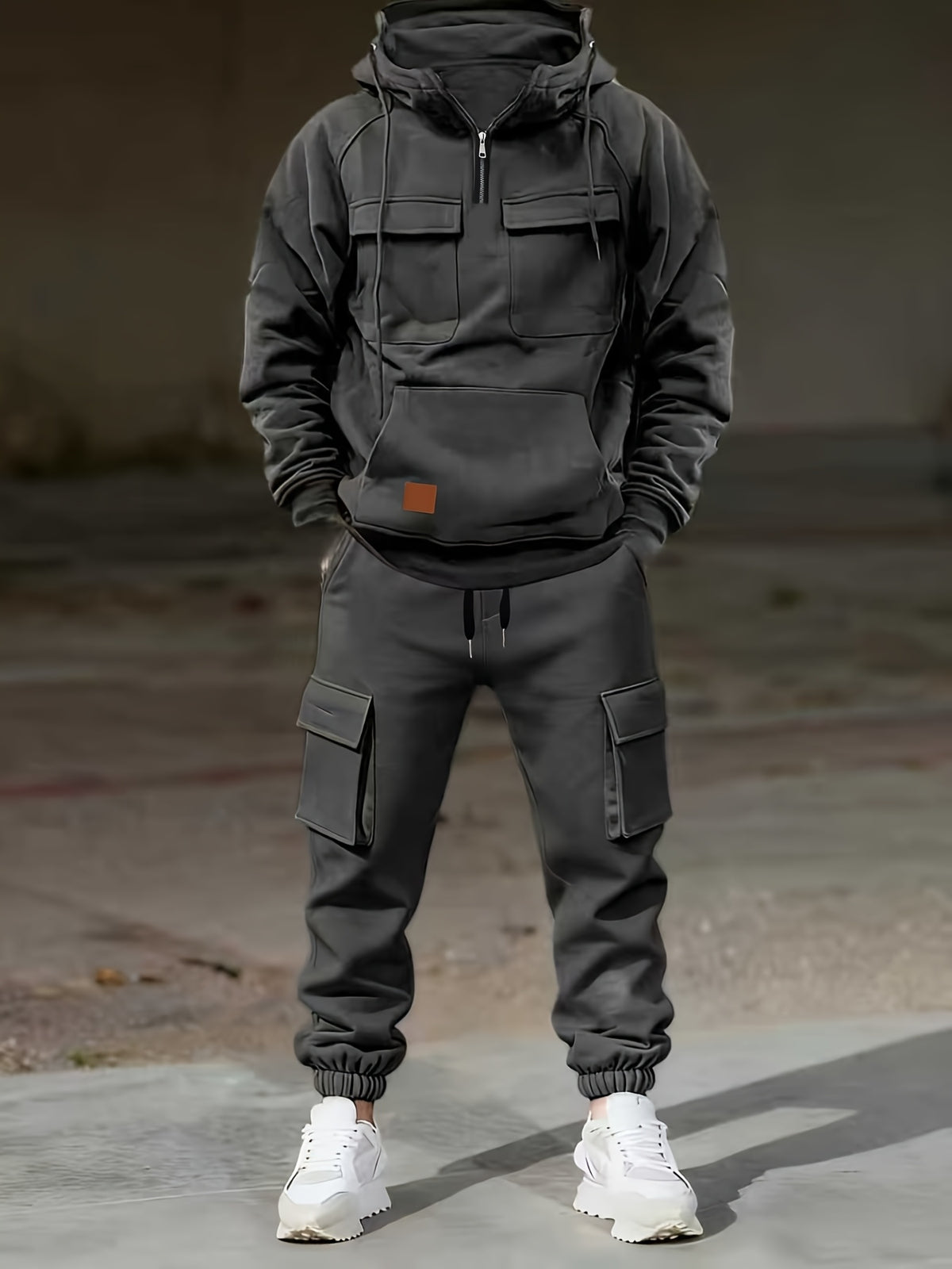 Solid Color Men's Autumn And Winter Retro Workwear Style Set, Half-Zip Easy Fashionable Hooded Sweatshirt And Tapered Pants Two-Piece Set