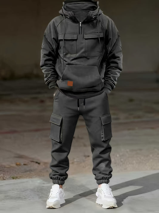 Solid Color Men's Autumn And Winter Retro Workwear Style Set, Half-Zip Easy Fashionable Hooded Sweatshirt And Tapered Pants Two-Piece Set