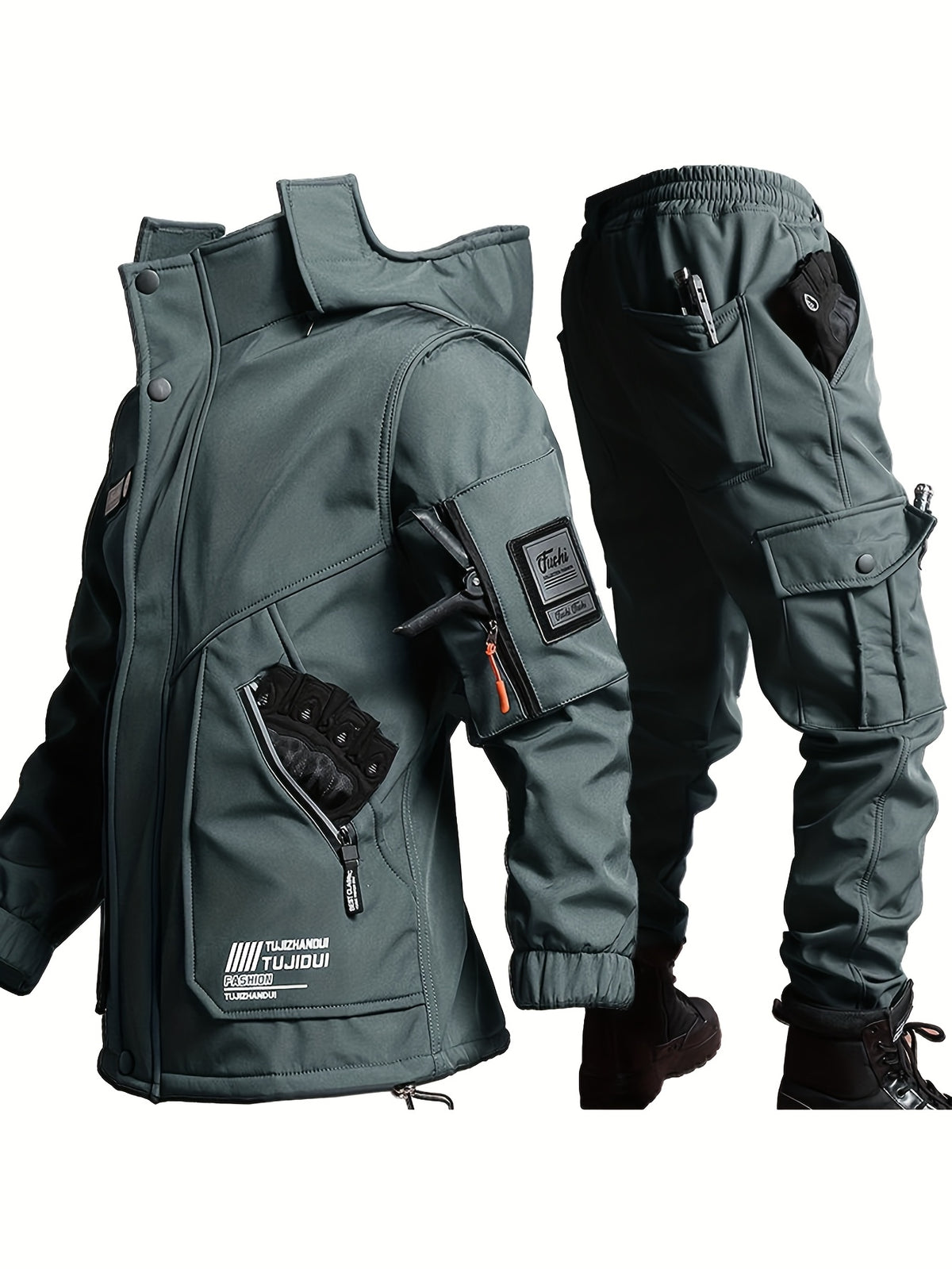 Men'S Thick Fleece Winter Warm Set, Workwear Casual Jacket with Hooded Zipper, Multi-Pocket Jacket, Casual Autumn And Winter Men'S Jacket, Long Pants, Fleece Set, Warm Outdoor Hiking, Wear-Resistant