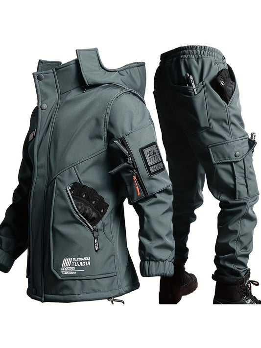 Men'S Thick Fleece Winter Warm Set, Workwear Casual Jacket with Hooded Zipper, Multi-Pocket Jacket, Casual Autumn And Winter Men'S Jacket, Long Pants, Fleece Set, Warm Outdoor Hiking, Wear-Resistant