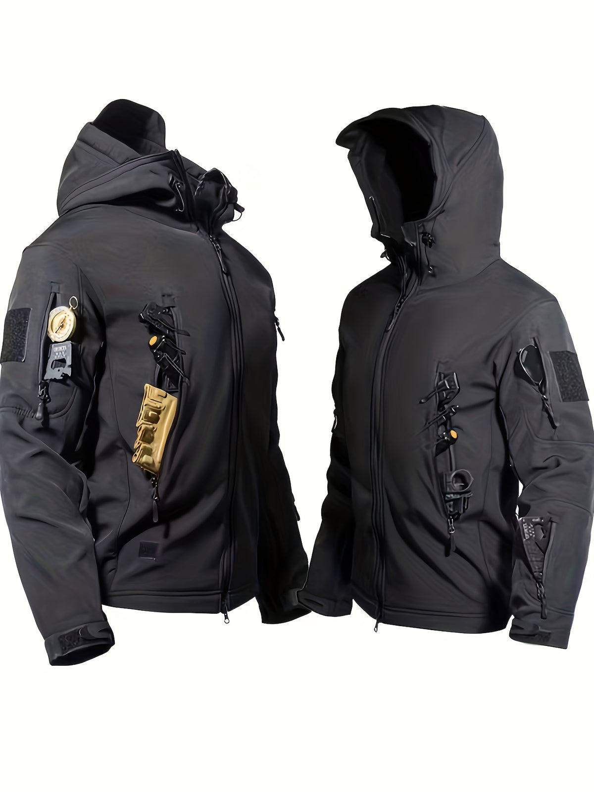 Men's Winter Softshell Jacket and Fleece-Lined Tactical Cargo Pants Set, Windproof, Tear-Resistant, Hooded, Long Sleeve, Zipper, Multi-Pocket, for Hiking and Hunting, Skiing, Fishing, Snowy Weather, Outdoor Sports, Casual Wear, Training