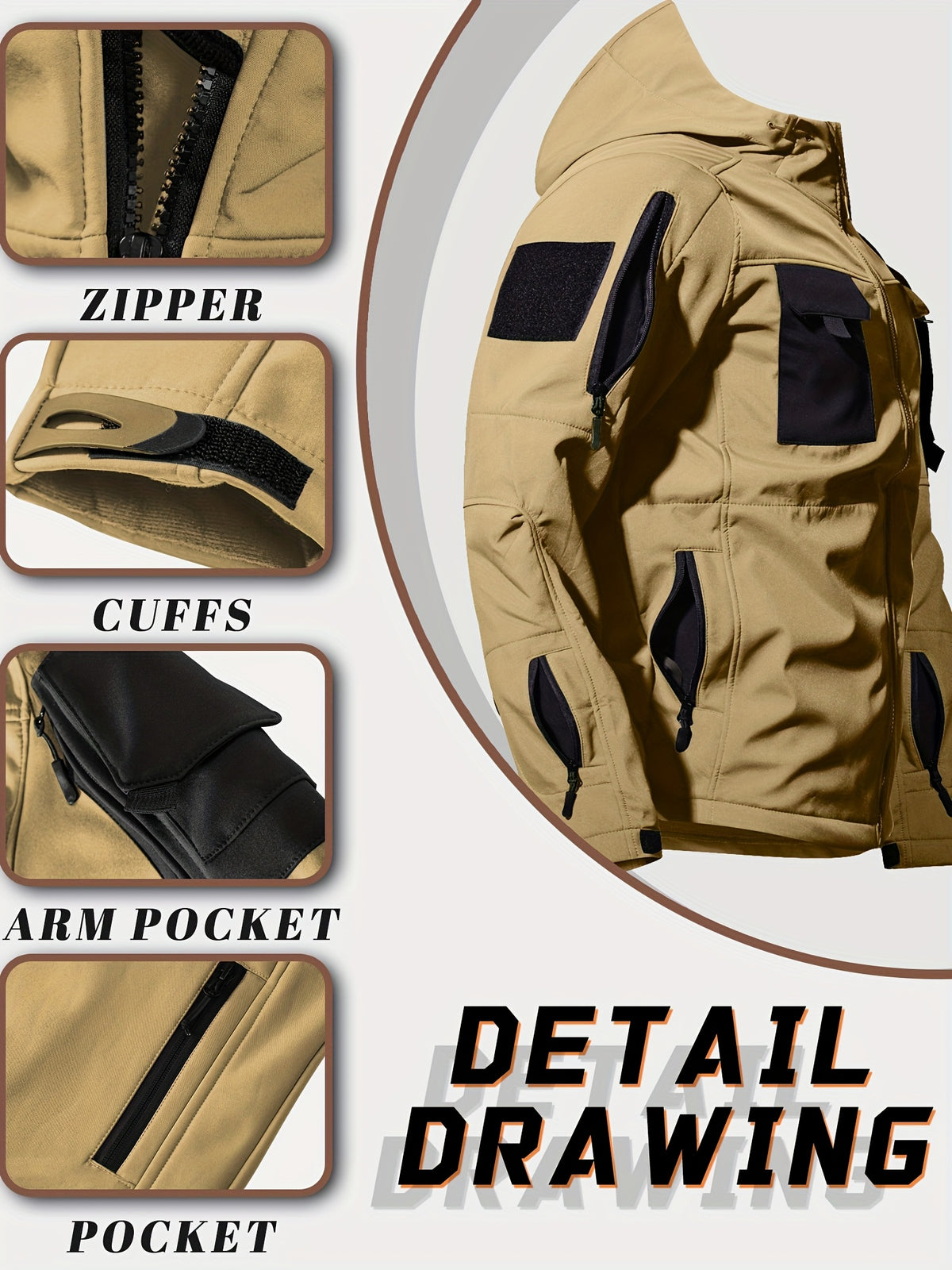 Men'S Tactical Thickened 2pcs Outdoor Casual Softshell Jacket And Cargo Pants Set, Fall Winter Fleece Contrast Hooded Windproof Warm Workwear Multi-Pocket Top And Bottom, Hunting Riding Hiking Exploration Climbing Outfit Without Additions
