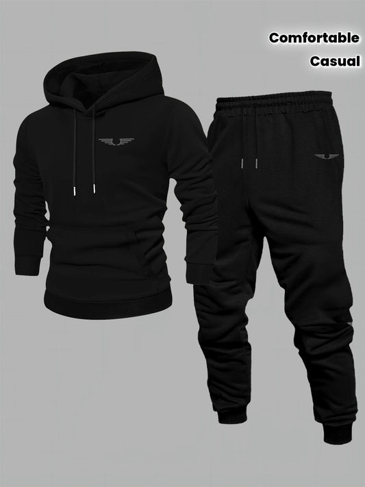 2pcs Men'S Comfortable Fleece-Lined Hooded Sweatshirt And Casual Long Pants Sportswear Set, Geometric Pattern, Loose Long Sleeve Pullover Top, Autumn Winter Casual Streetwear, Comfortable Apparel, Trendy Casual Men'S Clothing, Men'S Sweatshirt Set