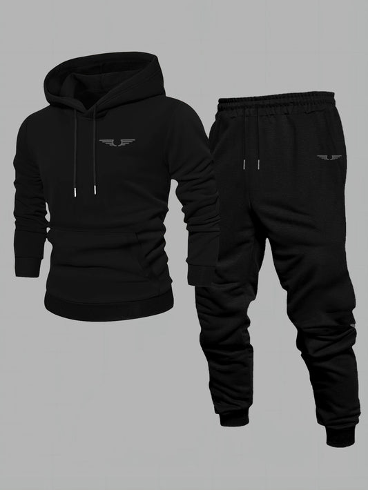 2pcs Men'S Comfortable Fleece-Lined Hooded Sweatshirt And Casual Long Pants Sportswear Set, Geometric Pattern, Loose Long Sleeve Pullover Top, Autumn Winter Casual Streetwear, Comfortable Apparel, Trendy Casual Men'S Clothing, Men'S Sweatshirt Set