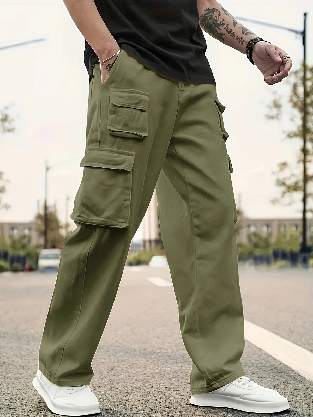 Set of 5, Men'S Multi-Pocket Work Cargo Pants, Solid Color Lightweight Casual Joggers, Suitable for Everyday Wear And Leisure Activities, Autumn Essentials