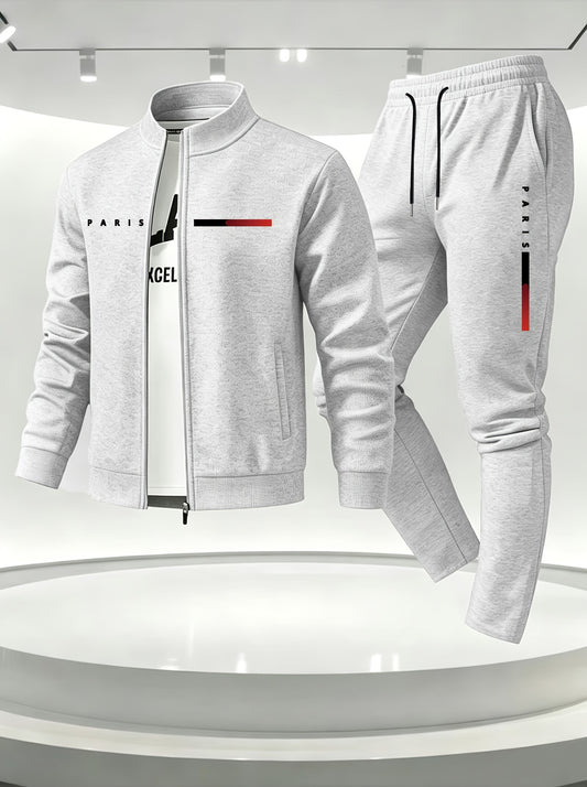 Men's 2pcs Set: Fashionable Casual Zip-Up Cardigan Jacket and Pants with Pockets, Regular Fit, Slightly Stretchy Fabric, Easy to Clean
