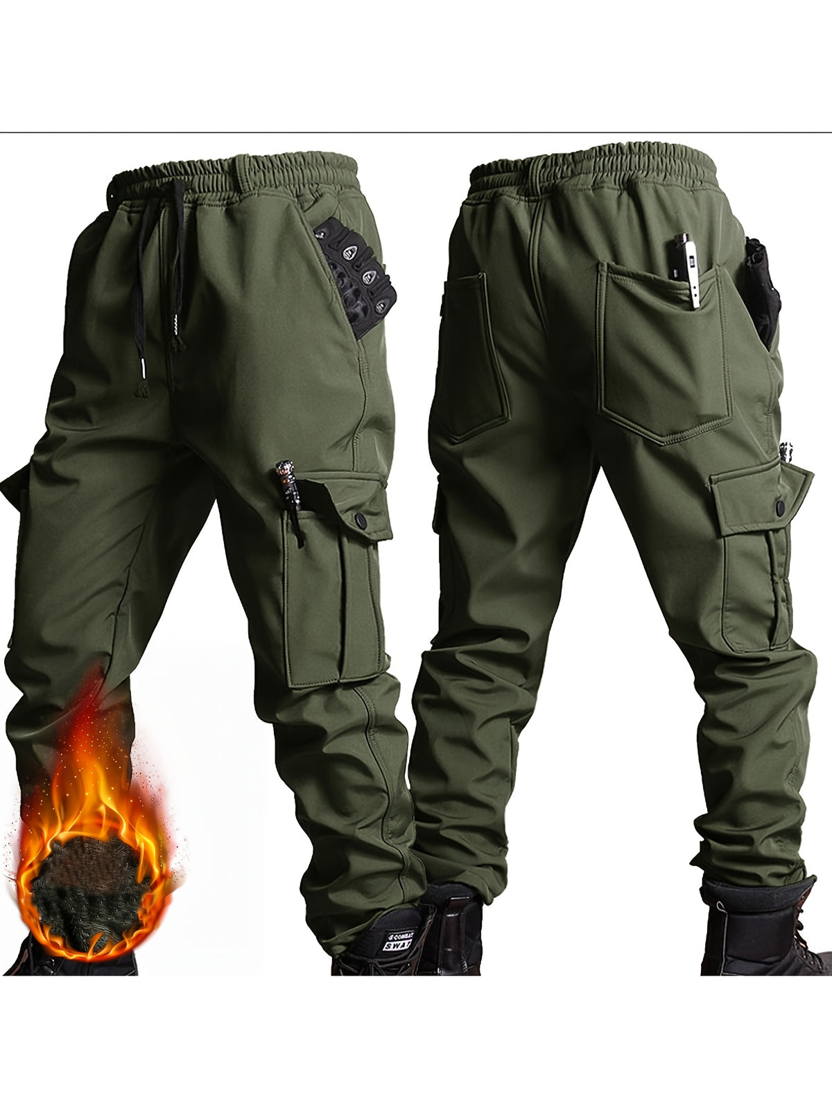 Men'S Thick Fleece Winter Warm Set, Workwear Casual Jacket with Hooded Zipper, Multi-Pocket Jacket, Casual Autumn And Winter Men'S Jacket, Long Pants, Fleece Set, Warm Outdoor Hiking, Wear-Resistant, Hunting