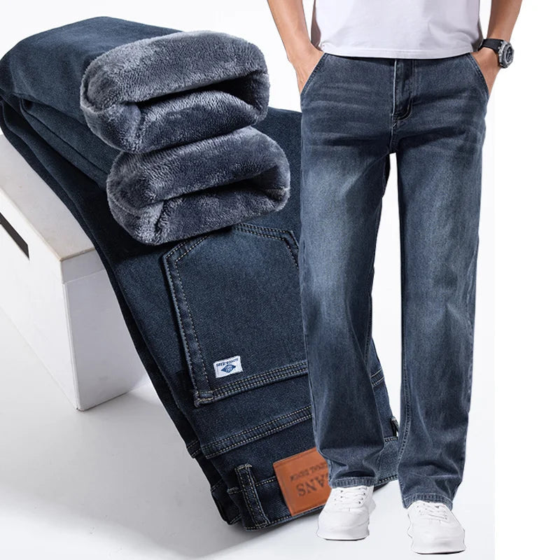 Men's fleece-lined cargo jeans showing the plush grey inner lining and straight fit dark wash denim